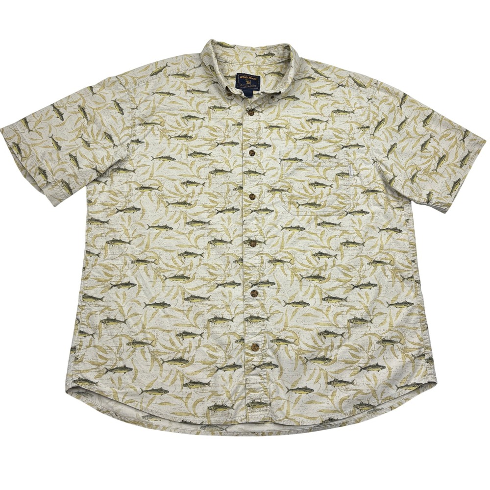 Woolrich Mens Large Wasabi Tuna Fish Kelp Short Sleeve Camp Shirt Macau 6643 L